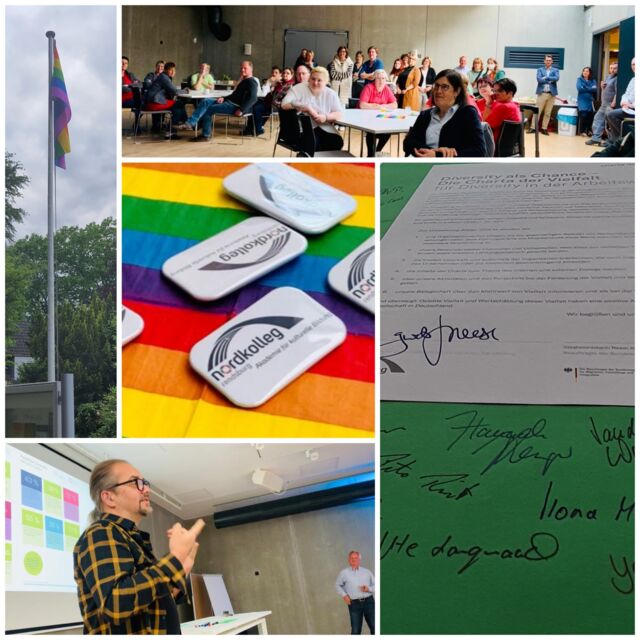 Bild-Collage bestehend u.a. aus Fotos des Diversity-Tages am Nordkolleg, einer Regenbogenflagge und den Unterschriften unter der Charta.
