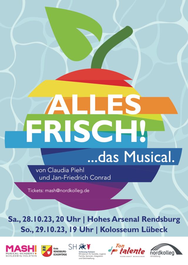 Plakat zum Musical "Alles frisch" mit einem aufgeschnittenem Apfel in Regenbogenfarben.